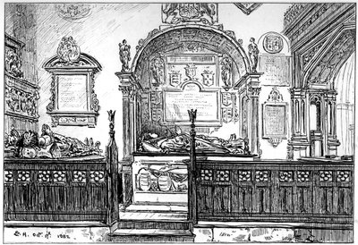 Penkki Cloptonin kirkossa, Stratford-upon-Avon, Warwickshire, 1885. tekijältä Edward Hull