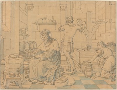 Saint Wenzel Cooking Hosts kuin kaksi nuorta puristaa viiniä tekijältä Edward Jakob von Steinle