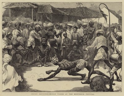 Intialaiset luonnokset, ihmistiikerit Muharram-festivaaleilla tekijältä Edward John Gregory