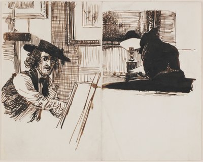 Whistler piirtää Poynteria, takakuva miehestä, joka istuu pöydän ääressä lähellä sytytettyä lamppua, 1860. tekijältä Edward John Poynter
