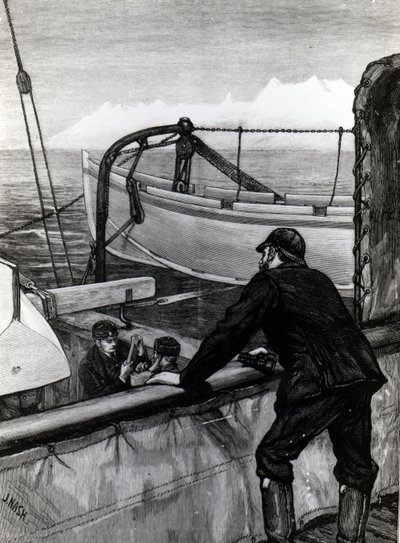 The Arctic Expedition - "Varoitus" lähellä Holsteinborgia, Grönlanti: Sternpost Cutter of Iceboat on Skids, julkaistu The Graphicissa, kaivertanut J. Nash, 1875 tekijältä Edward Lawton Moss
