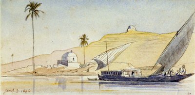 Suuri egyptiläinen fellucca Niilillä (Egypti), jyrkkien rantojen edessä, palmu ja kaksi valkoista marabouttia, jotka korostavat maiseman aavikkomaisemaa. tekijältä Edward Lear