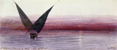 Egyptiläinen vene Niilillä Manfalootissa (Egypti). Värillinen akvarellipiirustus tekijältä Edward Lear