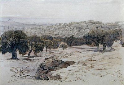 Betlehem - Pitkäperjantai, 2. huhtikuuta 1858 (kynä, muste ja akvarelli paperille) tekijältä Edward Lear