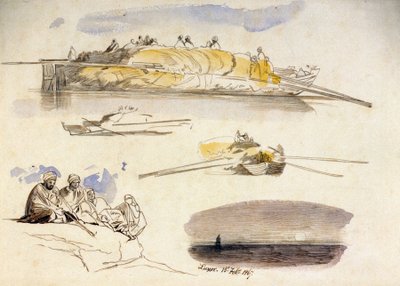 Viisi luonnosta Luxorista (Egypti), kolme näkymää oljilla lastatusta asuntoveneestä, luonnos viidestä istuvasta egyptiläisestä ja maisema hämärässä. tekijältä Edward Lear