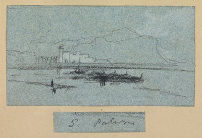 Palermo, Views of Sicily (liitu ja guassi sinisellä paperilla) tekijältä Edward Lear