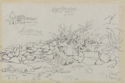 Sorrento, 2. elokuuta 1838 (grafiitti harmaalla kudottupaperilla) tekijältä Edward Lear
