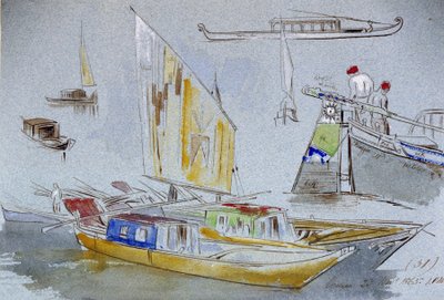 Venetsialaisia veneitä koskevat tutkimukset. Edward Learin (1812-1888) värillinen akvarellipiirustus. tekijältä Edward Lear
