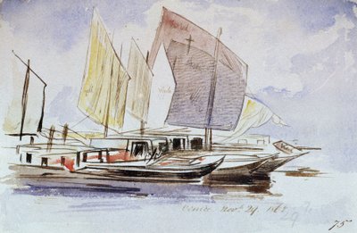 Tutkimuksia venetsialaisista veneistä, täydellä purjeella, näkymä tyyrpuuriin. Edward Learin (1812-1888) värillinen akvarellipiirustus. tekijältä Edward Lear