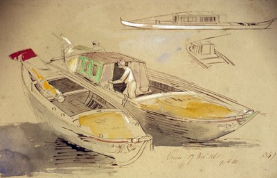 Tutkimuksia venetsialaisista veneistä rannalla. Edward Learin (1812-1888) värillinen akvarellipiirustus. tekijältä Edward Lear