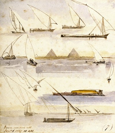 Tutkimus erilaisista egyptiläisistä veneistä (Dahabeeyahit ja Gyassis), sivun keskellä on kohtaus Gizan (Kairo) pyramidien edessä. tekijältä Edward Lear