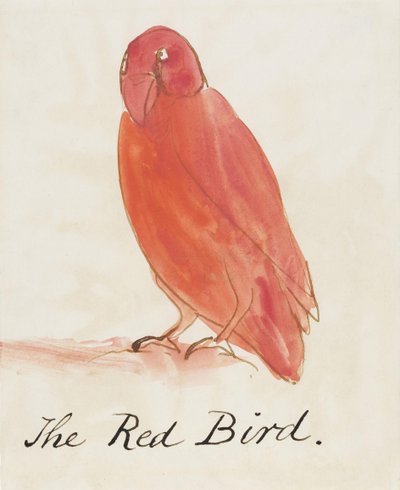 Punainen lintu, kuudestatoista piirroksesta sarjakuvamaisia lintuja (kynä ja tussi, wc paperille). tekijältä Edward Lear