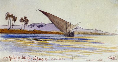 Niilin ranta (Egypti), palmuja ja gyassi rantaan päin, lähellä Gebel el Silsilehiä. Värillinen akvarellipiirros tekijältä Edward Lear