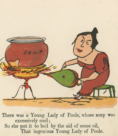 Olipa kerran nuori nainen Poolesta, jonka keitto oli liian viileää, Frederick Warne and Co:n julkaisemasta "A Book of Nonsense", Lontoo, n. 1875. tekijältä Edward Lear