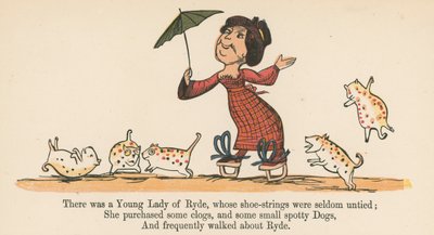 Siellä oli nuori nainen Ryde, jonka kengännauhat harvoin irrotettiin, kirjasta "A Book of Nonsense", jonka julkaisi Frederick Warne and Co., Lontoo, noin 1875 tekijältä Edward Lear
