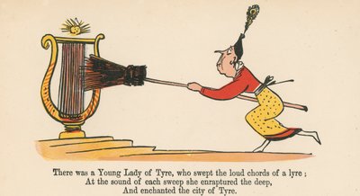 Olipa kerran nuori nainen Tyyrolaisesta, joka pyyhkäisi lyyran äänekkäitä sointuja, kirjasta "A Book of Nonsense", julkaissut Frederick Warne and Co., Lontoo, n. 1875. tekijältä Edward Lear