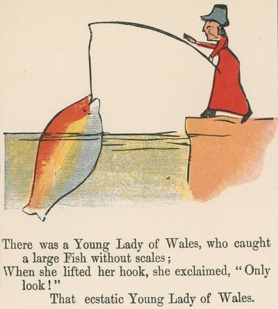 Eräs Walesin nuori nainen sai kiinni suuren kalan ilman suomuksia "A Book of Nonsense", jonka julkaisija Frederick Warne and Co., Lontoo, n. 1875 tekijältä Edward Lear