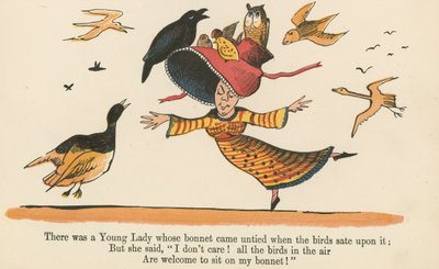 Siellä oli nuori nainen, jonka konepelti irtosi, kun linnut istuivat sen päälle. Kirjasta "A Book of Nonsense", julkaisija Frederick Warne and Co., Lontoo, noin 1875 tekijältä Edward Lear