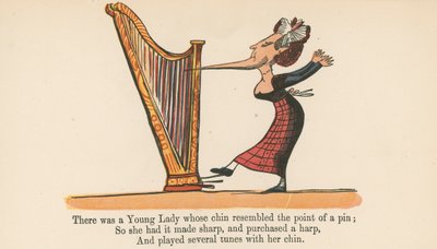 Siellä oli nuori nainen, jonka leuka muistutti neulan kärkeä kirjasta "A Book of Nonsense", julkaisija Frederick Warne and Co., Lontoo, noin 1875 tekijältä Edward Lear