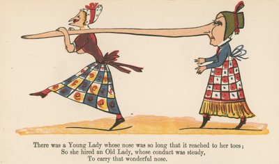 Siellä oli nuori nainen, jonka nenä oli niin pitkä, että se ulottui hänen varpaisiinsa. Kirjasta "A Book of Nonsense", jonka julkaisija Frederick Warne and Co., Lontoo, n. 1875 tekijältä Edward Lear