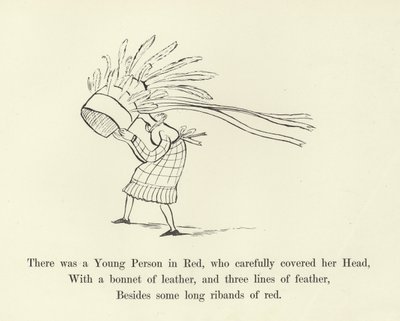 Siellä oli nuori punapukuinen henkilö, joka peitti huolellisesti päänsä tekijältä Edward Lear