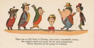 Olipa kerran Chertseyn vanha rouva, joka teki huomattavan polvistumisen, Frederick Warne and Co:n Lontoossa noin vuonna 1875 julkaisemasta "A Book of Nonsense" -kirjasta. tekijältä Edward Lear
