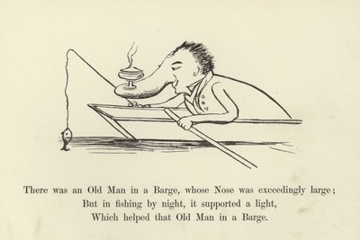Proomussa oli vanha mies, jonka nenä oli tavattoman suuri tekijältä Edward Lear
