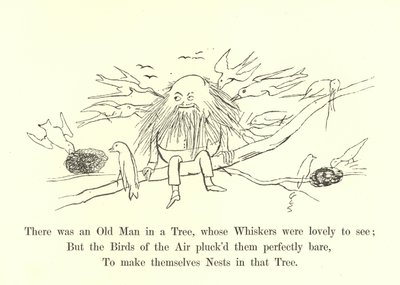Siellä oli vanha mies puussa, jonka viikset oli ihana nähdä tekijältä Edward Lear