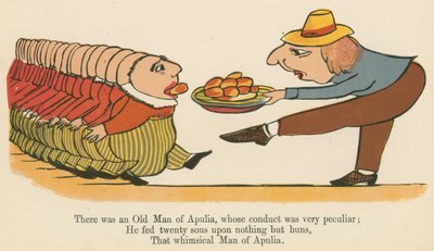 Siellä oli yksi Apulian vanha mies, jonka käytös oli hyvin omituista, kirjasta "A Book of Nonsense", jonka julkaisija Frederick Warne and Co., Lontoo, noin 1875 tekijältä Edward Lear