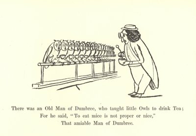 Siellä oli Dumbreen vanha mies, joka opetti pieniä pöllöjä juomaan teetä tekijältä Edward Lear