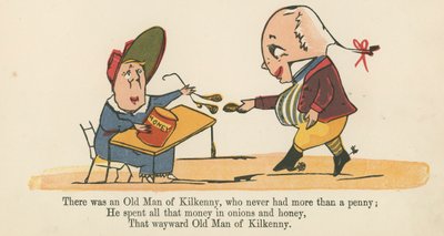 Siellä oli Kilkennyn vanha mies, jolla ei koskaan ollut enempää kuin penniäkään, kirjasta "A Book of Nonsense", jonka julkaisija Frederick Warne and Co., Lontoo, noin 1875 tekijältä Edward Lear