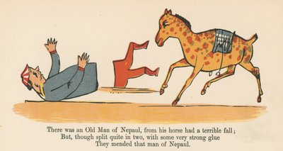 Siellä oli Nepaulilainen vanha mies, jonka hevonen pudotti hirveästi. Kirjasta "A Book of Nonsense", julkaisija Frederick Warne and Co., Lontoo, noin 1875 tekijältä Edward Lear