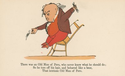 Olipa kerran Perun vanha mies, joka ei koskaan tiennyt, mitä hänen pitäisi tehdä, Frederick Warne and Co:n julkaisemasta "A Book of Nonsense", Lontoo, n. 1875. tekijältä Edward Lear