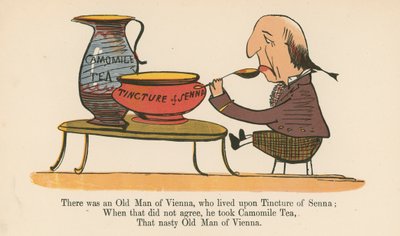 Olipa kerran Wienin vanha mies, joka eli Sennan tinktuuralla, Frederick Warne and Co:n julkaisemasta "A Book of Nonsense", Lontoo, n. 1875. tekijältä Edward Lear