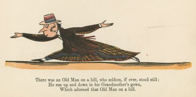 Olipa kukkulalla vanha mies, joka harvoin, jos koskaan, seisoi paikallaan, Frederick Warne and Co:n julkaisemasta "A Book of Nonsense", Lontoo, n. 1875. tekijältä Edward Lear