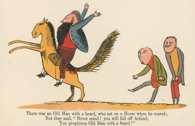 Siellä oli partainen vanha mies, joka istui hevosen selässä kasvaessaan "A Book of Nonsense", jonka julkaisi Frederick Warne and Co., Lontoo, noin 1875 tekijältä Edward Lear