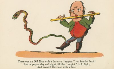 Siellä oli vanha mies huilulla – hänen saappaansa juoksi "sarpintti" kirjasta "A Book of Nonsense", julkaisija Frederick Warne and Co., Lontoo, noin 1875 tekijältä Edward Lear