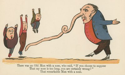 Olipa kerran vanha mies, jolla oli nenä ja joka sanoi: "Jos päätät olettaa", kirjasta "A Book of Nonsense", julkaissut Frederick Warne and Co., Lontoo, noin 1875. tekijältä Edward Lear