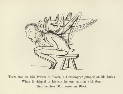 Siellä oli Vanha henkilö mustassa, heinäsirkka hyppäsi selälleen tekijältä Edward Lear