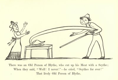 Siellä oli Blythen vanha henkilö, joka leikkasi lihansa viiteellä tekijältä Edward Lear