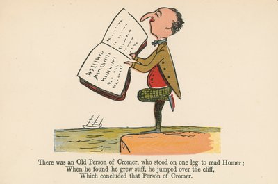 Siellä oli eräs Cromerin vanha henkilö, joka seisoi yhdellä jalalla lukeakseen Homeroksen kirjasta "A Book of Nonsense", jonka julkaisija Frederick Warne and Co., Lontoo, noin 1875 tekijältä Edward Lear
