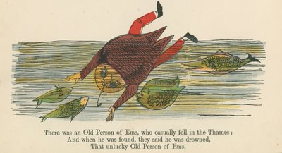 Siellä oli Emsin vanha henkilö, joka kaatui satunnaisesti Thamesissa, kirjasta "A Book of Nonsense", jonka julkaisija Frederick Warne and Co., Lontoo, noin 1875 tekijältä Edward Lear
