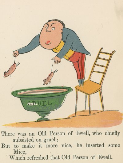 Siellä oli eräs Ewellin vanha henkilö, joka eläytyi pääasiassa velistä, kirjasta "A Book of Nonsense", jonka julkaisi Frederick Warne and Co., Lontoo, noin 1875 tekijältä Edward Lear