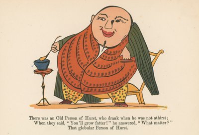 Oli eräs Hurstin vanha mies, joka joi, vaikka ei ollut janoinen, Frederick Warne and Co:n julkaisemasta "A Book of Nonsense", Lontoo, n. 1875. tekijältä Edward Lear
