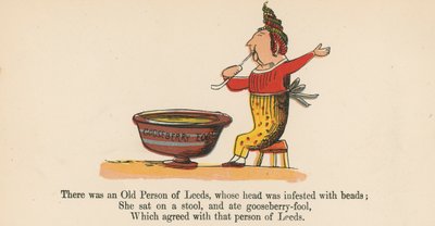 Siellä oli Leedsin vanha henkilö, jonka pää oli täynnä helmiä kirjasta "A Book of Nonsense", jonka julkaisija Frederick Warne and Co., Lontoo, noin 1875 tekijältä Edward Lear