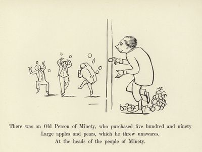 Siellä oli eräs vanha henkilö, joka osti viisisataayhdeksänkymmentä suurta omenaa ja päärynää tekijältä Edward Lear