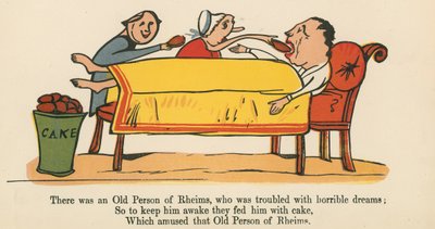 Siellä oli Rheimsin vanha henkilö, jota vaivasivat kauhistuttavat unet, kirjasta "A Book of Nonsense", jonka julkaisija Frederick Warne and Co., Lontoo, noin 1875 tekijältä Edward Lear