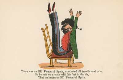 Siellä oli eräs Espanjan vanha henkilö, joka vihasi kaikkea vaivaa ja tuskaa, kirjasta "A Book of Nonsense", jonka julkaisija Frederick Warne and Co., Lontoo, noin 1875 tekijältä Edward Lear