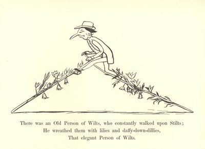 Siellä oli eräs Wilttien vanha henkilö, joka käveli jatkuvasti puujalkojen päällä tekijältä Edward Lear