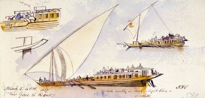 Kolme tutkimusta matkustajia kuljettavasta egyptiläisestä veneestä Gau el Kebirin lähellä (Egypti), sekä merkintöjä kuvattujen henkilöiden vaatteista. tekijältä Edward Lear